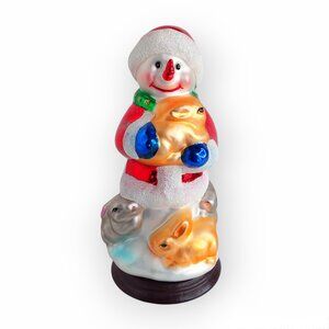 Vtg 2004 Thomas Pacconi Snowman Bunnies Figurine Blown Glass Wood Base 6in